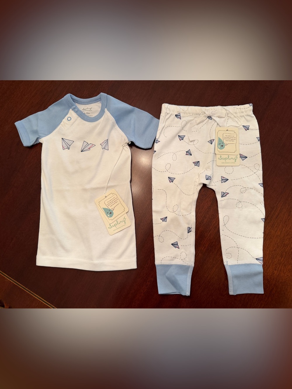 NWT Sapling Organic Cotton Baby Two-Piece Set - with Blue Paper Airplane Print